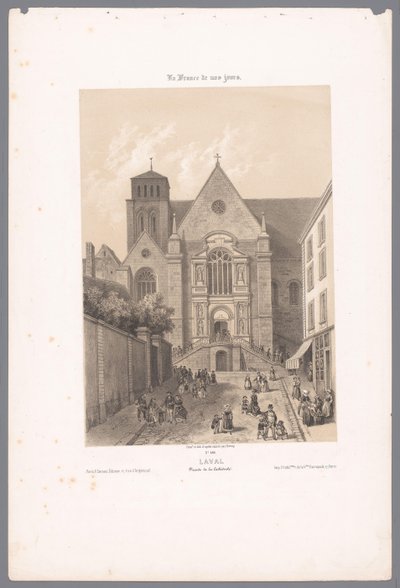 Näkymä Lavalin Sainte-Trinité-katedraalille laava. Façade de la Cathédrale (otsikko esineessä) Contemporary France (sarjan nimi) La France de nos jours (sarjan nimi esineellä) tekijältä Isodore Laurent Deroy