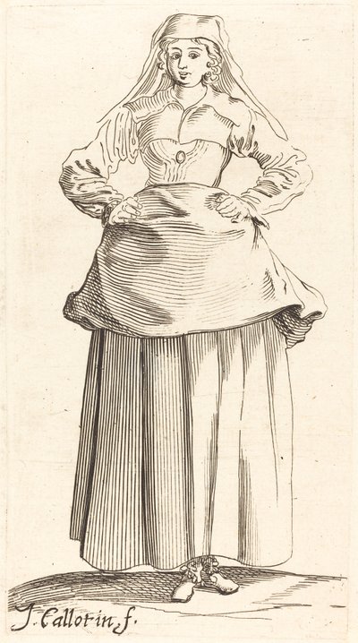 Nuori nainen kädet lantiolla, näkymä edestä tekijältä Israel Henriet after Jacques Callot