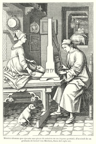 Saksalainen muusikko soittamassa kannettavaa urkua, 1400-luvun lopulla (litho) tekijältä Israel van (after) Mecken