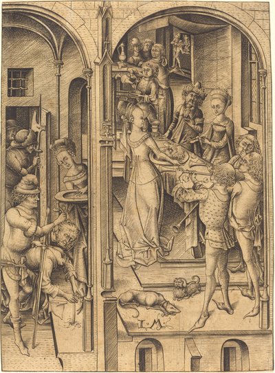 Pyhän Johannes Kastajan pään mestaus, n. 1480. tekijältä Israhel van Meckenem