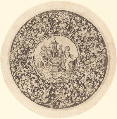 Pyöreä koriste, jossa muusikot soittavat kaivon lähellä, c. 14951503. tekijältä Israhel van Meckenem