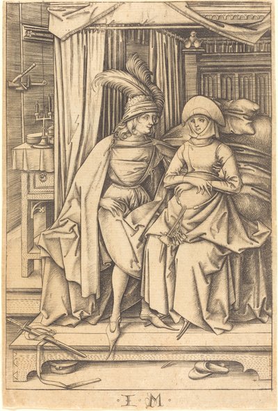 Pari istuu sängyllä, c. 14951503. tekijältä Israhel van Meckenem