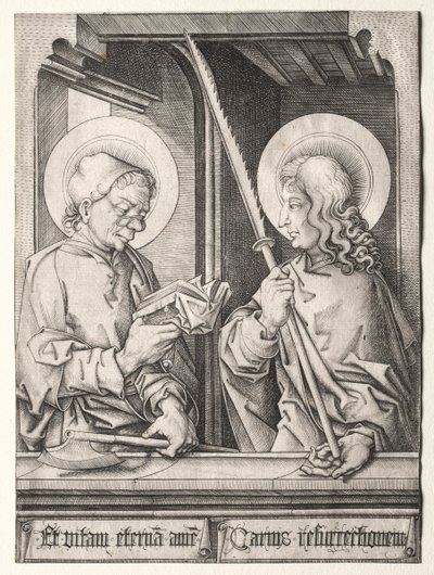 Kaksitoista apostolia goottiisissa ikkunoissa: St. Matthias ja St. Judas Thaddaeus. tekijältä Israhel van Meckenem