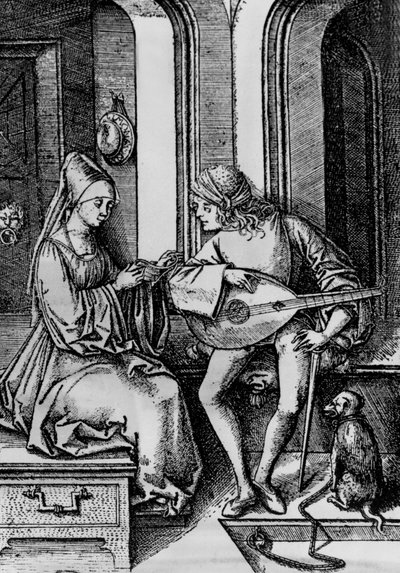 Nainen laulaa miehen soittaessa luuttua (kaiverrus) tekijältä Israhel van the younger Meckenem