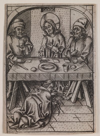 Maria Magdaleena pesee Kristuksen jalat, noin 1500 (kaiverrus). tekijältä Israhel van the younger Meckenem