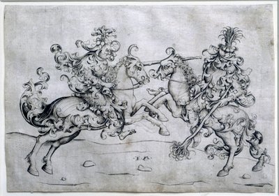 Kaksi ratsastajaa pelaa. Kahden miehen peli hevosen selässä. Piirros Israel Van Meckenem (n. 1440-1503). Louvren taidemuseo tekijältä Israhel van the younger Meckenem