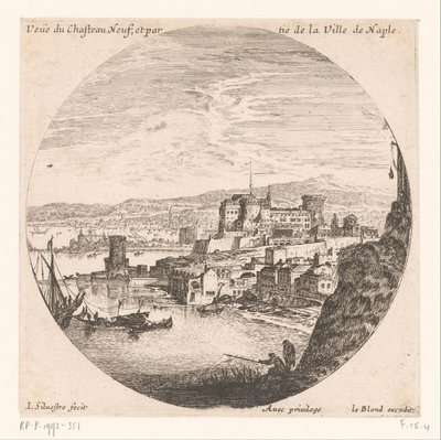 Näkymä Castel Nuovolle Veue du Chasteau neuf et partie de la Ville de Naples (otsikko esineessä) Erilaisia ​​näkymiä merisatamiin (sarjan nimi) Useita veues de Ports de mer (sarjan nimi) tekijältä Israël Silvestre