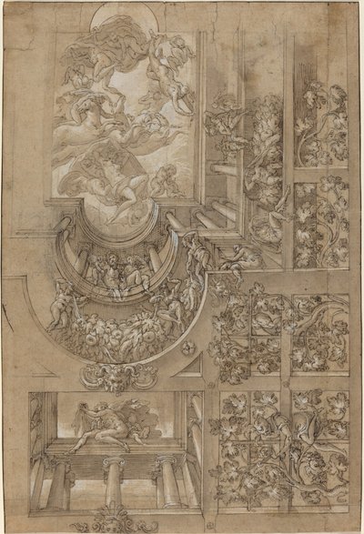 Illusionistinen katto, jossa on rypälelehti, gallerioissa seisovia hahmoja ja Olympian jumalien keskusnäkymä tekijältä Italian 16th Century