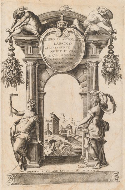 Kirja, joka kuuluu arkkitehtuuriin [Title Page] tekijältä Italian 16th Century, after Antonio Labacco, published by Giovanni Boni