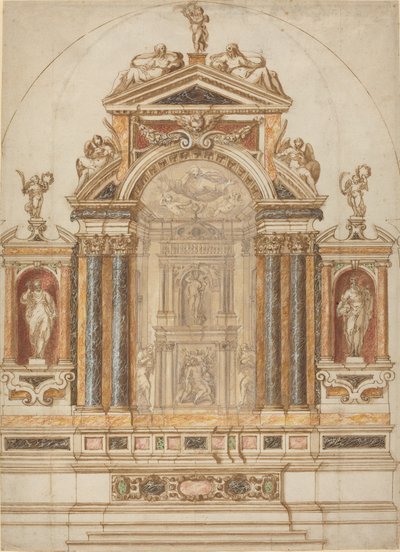 Taidokas värillinen marmorialttari, joka on koristeltu veistoksilla tekijältä Italian 17th Century