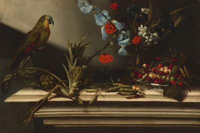 Asetelma artisokkien ja papukaijan kanssa tekijältä Italian 17th Century