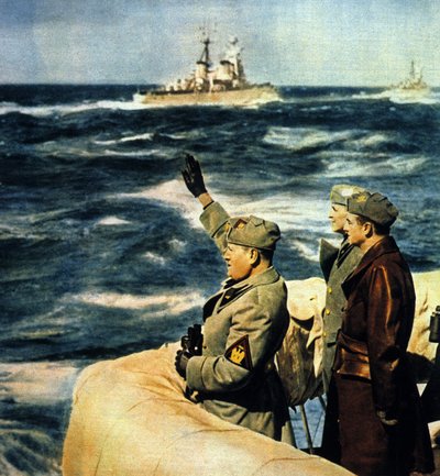Mussolinin matka Libyaan. Duce arvioi Italian laivaston. 1926. Värikäs valokuvaus. tekijältä Italian Photographer
