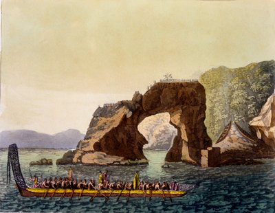 Maorien linnoitettu näköalapaikka Uudessa-Seelannissa yhdistettynä maorien sotakanoottiin, 1820-30-luku (käsinvärinen akvatinta) tekijältä Italian School