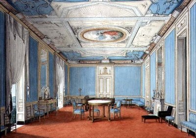 Uusklassinen uuspoliittinen palazzo-sisustus, n. 1830 (guassi ja akvarelli paperille) tekijältä Italian School