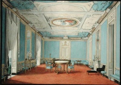 Uusklassinen palatsin sisustus Napolissa, n. 1830 (guassi ja akvarellikorostettu kullalla paperille) tekijältä Italian School
