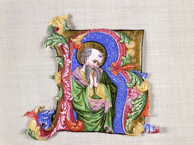 Rukoileva pyhimys, suuri historioitu alkukirjain R, n. 1400 (historiallinen alkukirjain, leikattu antifonaalista vellum) tekijältä Italian School