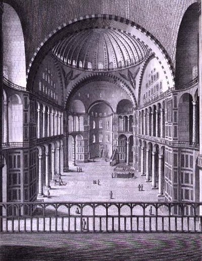 Näkymä Konstantinopolissa sijaitsevan Santa Sofian moskeijan sisäpuolelta, otettu vuonna 1786, kaiverrettu Domenico Pronti (fl.1788-1815) 1788 (kaiverrus) tekijältä Italian School