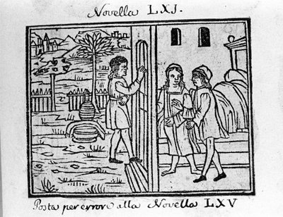 Pariskunta haluaa koputtaa heidän ovelleen. Kuva italialaisen kirjailijan Giovanni Boccaccio dit Jean Boccaccion (1313-1375) "Dekameronin" uutiseen 61 (7. päivän uutinen 1). Kaiverrus "" Decamerone ouer Cento nouelle"" Venetsia, Bartolomeo de 