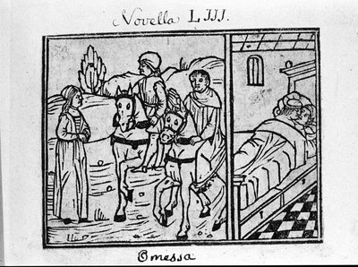 Nainen tapaa kaksi hevosmiestä, ja hänellä on pari huoneessa. Kuva italialaisen kirjailijan Giovanni Boccaccio dit Jean Boccaccion (1313-1375) "Dekameronin" uutiseen 53 (6. päivän uutinen 3). Kaiverrus "" Decamerone ouer Cento nouelle"" Venice, B tekijältä Italian School