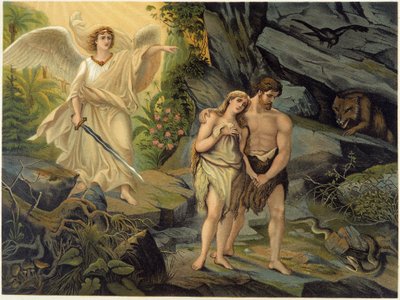 Arkkienkeli ajoi Adamin ja Eevan ulos maallisesta paratiisista (Eedenistä) - Giovanni Ladislao Sykoran teoksessa "" Golden Classic Bible: History of Divine Revelation in the Ancient and New Tension "" (osa 1), kääntäjä Don Clemente Benetti. (Italialainen R tekijältä Italian School