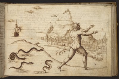 Lisätä. 82955, f.133   Käärmeet jahtaavat ihmishahmoa.  , Historia Animaliumilta, (koostuu 245 kynällä ja musteella tehdystä piirroksesta eri eläinlajeista ja myyttisistä olennoista, joista jokaiseen on liitetty kuvaus.)    1595 tekijältä Italian School