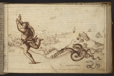 Lisätä. 82955, f.134 Ihmishahmo, jota käärmeet takaavat., Historia Animalium tekijältä Italian School