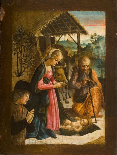 Lapsen palvonta lahjoittajan muotokuvalla, n.1500 (tempera taulussa) tekijältä Italian School