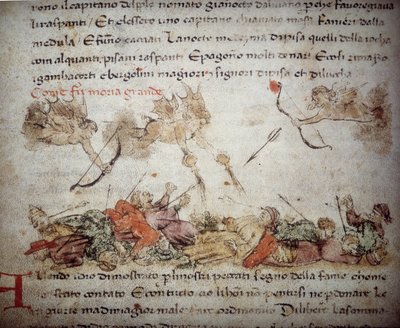 Allegorinen kuvaus mustasta surmasta Euroopassa vuosina 1347-48, "Croniche del Sercambi", noin 1400 (tussi ja muste pergamentille). tekijältä Italian School