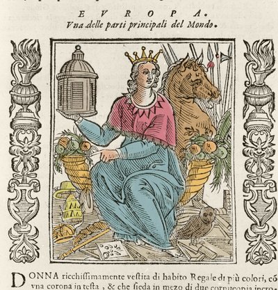 Allegoria Euroopasta runsaasti pukeutuneen naisen muodossa, kruunattu runsauden sarvien ympäröimänä. Levy otettu Cesare Ripan "" Iconologiasta" (1550 noin 1622) tekijältä Italian School