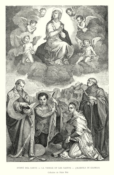 Andre del Sarte, Neitsyt ja pyhät, Madonna Gloriassa, Pitti Palace Collection (kaiverrus) tekijältä Italian School