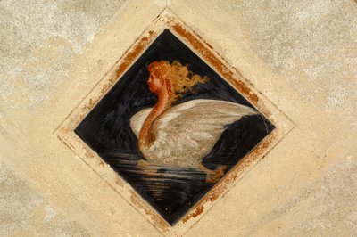 Antropomorfinen joutsen, fresko, Ternengo Gromon palatsi (1500-luku), Piazzon keskiaikainen kortteli, Biella, Piemonte, Italia tekijältä Italian School