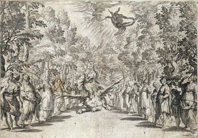 Apollo hyökkäämässä pythonia vastaan, Girolamo Bargaglin La Pellegrinasta, kaivertanut Carracius tekijältä Italian School