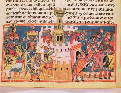 Hyökkäys linnoitukseen, Gaius Suetonius Tranquilluksen (n. 75-150) teoksesta "Le Vite di Dodici Cesari" (vellum) tekijältä Italian School