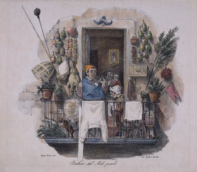 Parveke pienellä laiturilla Napolissa, Italiassa, 1800-luku (litografia) tekijältä Italian School