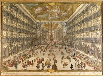 Ball Itävallan arkkiherttua Pietro Leopoldon syntymän kunniaksi Milanon herttuateatterissa 28. toukokuuta 1747 (värikaiverrus) tekijältä Italian School