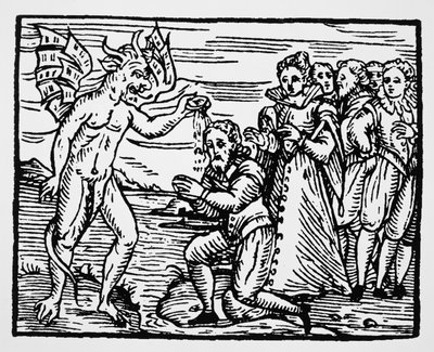 Paholaisen kaste, kopio Fr M Guacciuksen, Milano 1608, Compendium Maleficarum -kuvasta, käytetty History of Magicissa, julkaistu 1800-luvun lopulla tekijältä Italian School