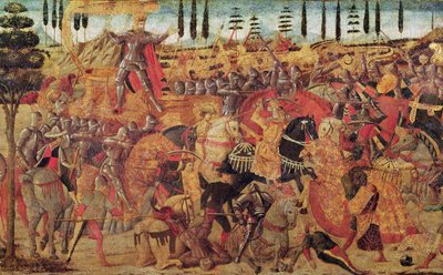Taistelu Dareioksen (399-330 eKr.) ja Aleksanteri Suuren (356-323 eKr.) välillä (öljy paneelissa) tekijältä Italian School
