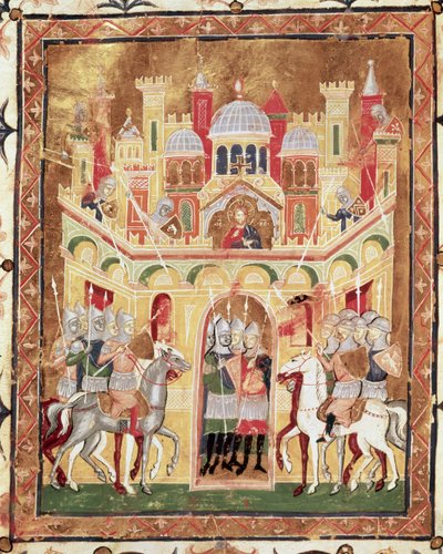 Taistelukohtaus Jerusalemin muureilla Burcardus Theutonicuksen tai Burchard of Mount Sionin Descriptio Terrae Sanctaesta tekijältä Italian School