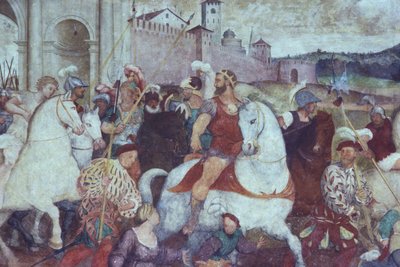 Taistelukohtaus kaupungin muurien ulkopuolella, noin 1460-luku (fresko) tekijältä Italian School