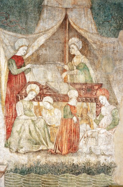 Bicocca degli Arcimboldi: 1400-luvun fresko, yksityiskohta kankaiden leikkauksesta ja kääpiö (fresko) tekijältä Italian School