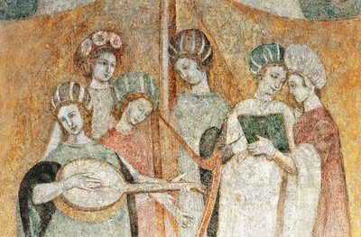 Bicocca degli Arcimboldi: 1400-luvun fresko, yksityiskohta musiikkia soittavista naisista (fresko) tekijältä Italian School