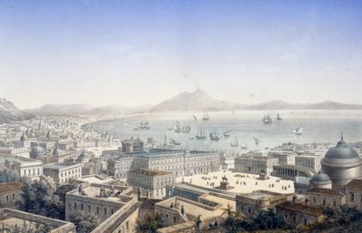 Lintuperspektiivistä kuninkaallinen palatsi ja Piazza Plebiscito Napolissa, Italiassa tekijältä Italian School
