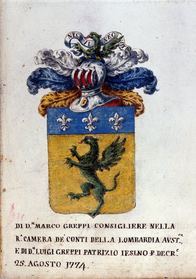 Milanon Greppi-suvun vaakuna, haarniskakypärä, fleur-de-lis ja lohikäärme. 1700-luvun Milanon valtionarkisto tekijältä Italian School