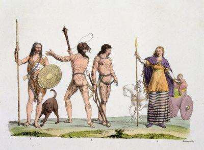 Britit, kaledonialaiset ja kuningatar Boadicea, levy 4 kirjasta The History of the Nations (akvatinta) tekijältä Italian School