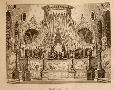 Kaappi, lavastus Gioachino Rossinin (litho) "Ricciardo ja Zoraide" 1. näytökseen tekijältä Italian School