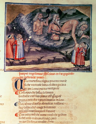 Canto XXXI Dante ja Vergilius ja kolme jättiläistä kadonneessa kehässä, jumalallisesta komediasta (The Inferno), n. 1313 tekijältä Italian School