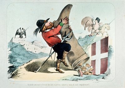 Karikatyyri Giuseppe Garibaldista tyhjentämässä saappaa (Italia) täynnä kruunuja, Litografia Perrotta tekijältä Italian School