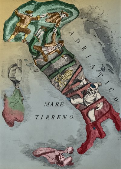 Karikatyyri Italiasta yhdistymisen aikana, 1866 tekijältä Italian School