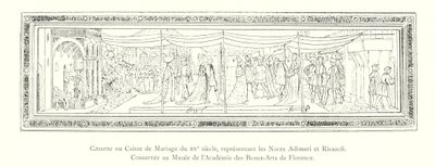 Cassone tai Avioliittoarkku 1400-luvulta, joka edustaa Adimarin ja Ricasolin häitä, konservoitu Firenzen Kuvataideakatemian museossa (kaiverrus) tekijältä Italian School