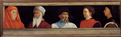 Cassone, jossa on 5 muotokuvaa Firenzen renessanssin mestarista (vasemmalta oikealle Giotto di Bondone, Paolo Uccello, Niccolo Donatello, Antonio Manetti, Filippo Brunelleschi). 1500-luvun italialainen koulu. Alla oleva kirjoitus on todennäköisesti onnistu tekijältä Italian School